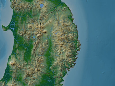 Iwate, prefecture of Japan. Colored elevation map with lakes and riversの写真素材