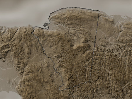Saint James, parish of Jamaica. Elevation map colored in sepia tones with lakes and riversの写真素材