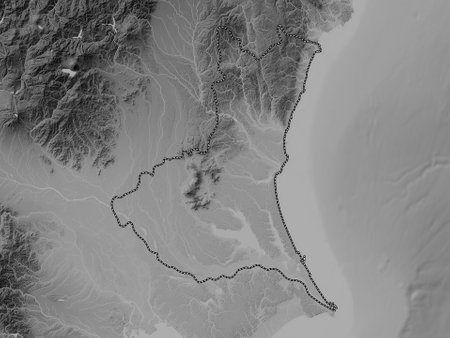 Ibaraki, prefecture of Japan. Grayscale elevation map with lakes and riversの写真素材