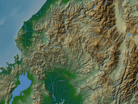 Gifu, prefecture of Japan. Colored elevation map with lakes and riversの写真素材