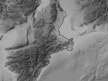 Mie, prefecture of Japan. Grayscale elevation map with lakes and riversの写真素材