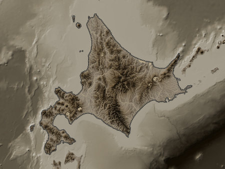 Hokkaido, circuit of Japan. Elevation map colored in sepia tones with lakes and riversの写真素材