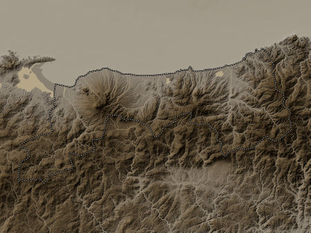 Tottori, prefecture of Japan. Elevation map colored in sepia tones with lakes and riversの写真素材
