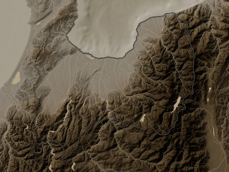 Toyama, prefecture of Japan. Elevation map colored in sepia tones with lakes and riversの写真素材