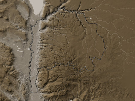 Irbid, province of Jordan. Elevation map colored in sepia tones with lakes and riversの写真素材