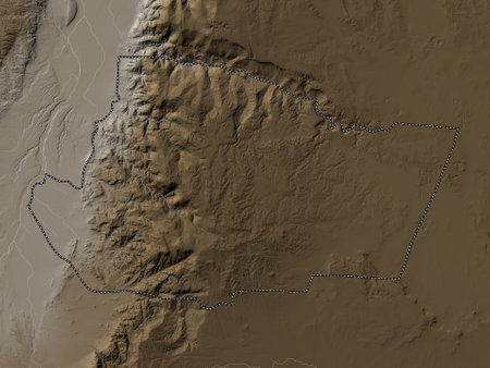 Tafilah, province of Jordan. Elevation map colored in sepia tones with lakes and riversの写真素材