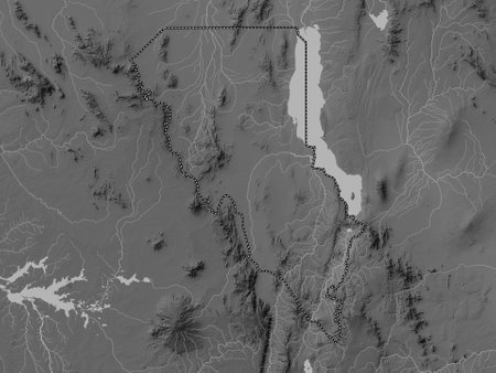 Turkana, county of Kenya. Grayscale elevation map with lakes and riversの写真素材