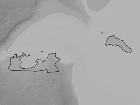 Al Kuwayt, province of Kuwait. Grayscale elevation map with lakes and riversの写真素材