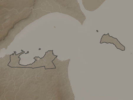 Al Kuwayt, province of Kuwait. Elevation map colored in sepia tones with lakes and riversの写真素材