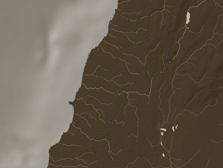 South, govern-orate of Lebanon. Elevation map colored in sepia tones with lakes and rivers