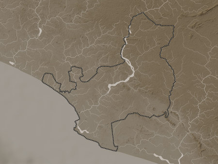 Montserrado, county of Liberia. Elevation map colored in sepia tones with lakes and rivers