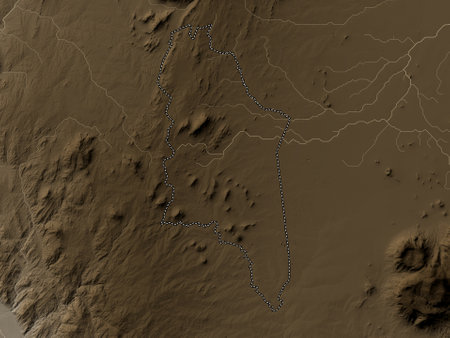 Chiradzulu, district of Malawi. Elevation map colored in sepia tones with lakes and riversの写真素材