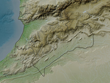 Souss-Massa, region of Morocco. Elevation map colored in wiki style with lakes and riversの写真素材
