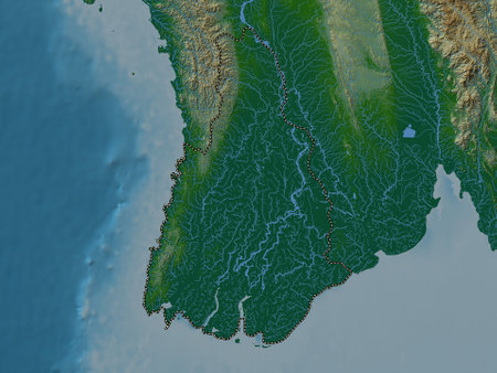 Ayeyarwady, division of Myanmar. Colored elevation map with lakes and riversの写真素材