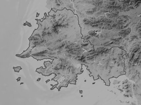 Hwanghae-namdo, province of North Korea. Grayscale elevation map with lakes and riversの写真素材