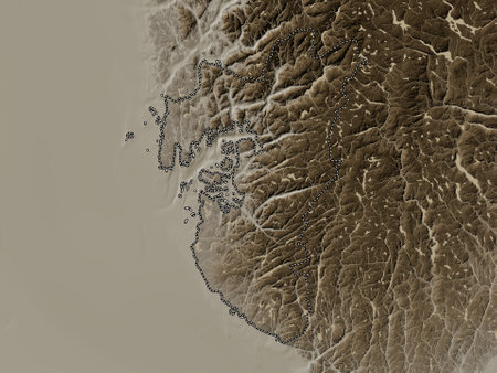 Rogaland, county of Norway. Elevation map colored in sepia tones with lakes and riversの写真素材