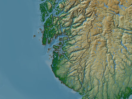 Rogaland, county of Norway. Colored elevation map with lakes and riversの写真素材