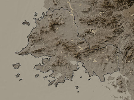 Hwanghae-namdo, province of North Korea. Elevation map colored in sepia tones with lakes and rivers