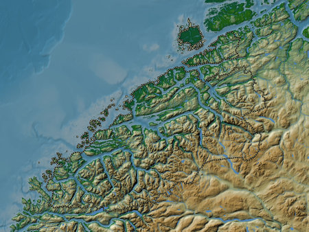 Mre og Romsdal, county of Norway. Colored elevation map with lakes and riversの写真素材