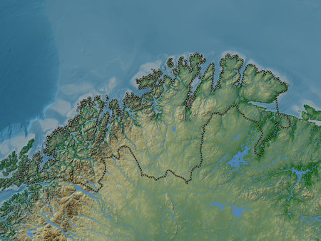 Troms og Finnmark, county of Norway. Colored elevation map with lakes and riversの写真素材