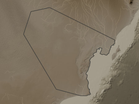 Al Wusta, region of Oman. Elevation map colored in sepia tones with lakes and riversの写真素材