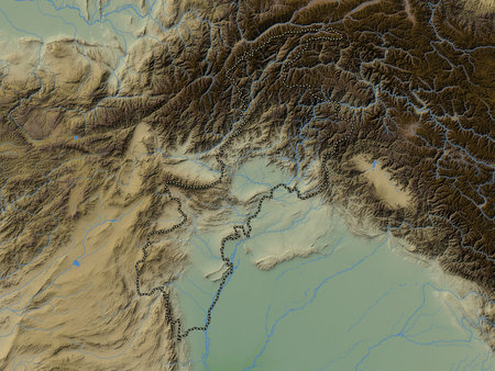 Khyber Pakhtunkhwa, province of Pakistan. Colored elevation map with lakes and riversの写真素材