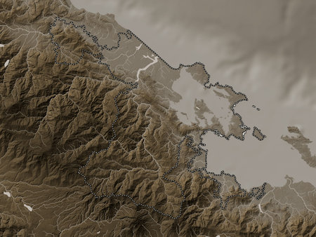 Bocas del Toro, province of Panama. Elevation map colored in sepia tones with lakes and rivers