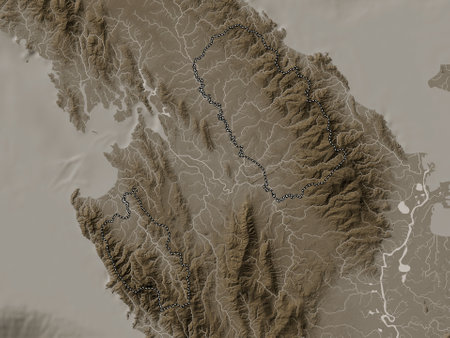 Embera, indigenous territory of Panama. Elevation map colored in sepia tones with lakes and riversの写真素材