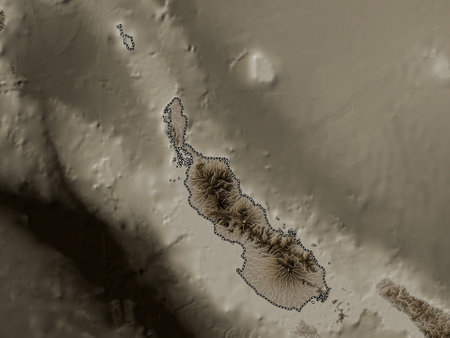 Bougainville, autonomous region of Papua New Guinea. Elevation map colored in sepia tones with lakes and riversの写真素材