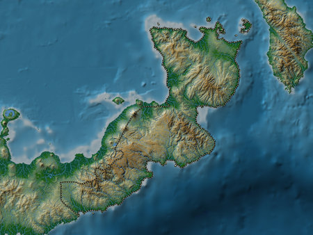 East New Britain, province of Papua New Guinea. Colored elevation map with lakes and riversの写真素材