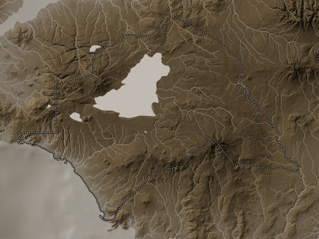 Lanao del Sur, province of Philippines. Elevation map colored in sepia tones with lakes and riversの写真素材