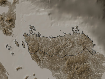 Northern Samar, province of Philippines. Elevation map colored in sepia tones with lakes and riversの写真素材