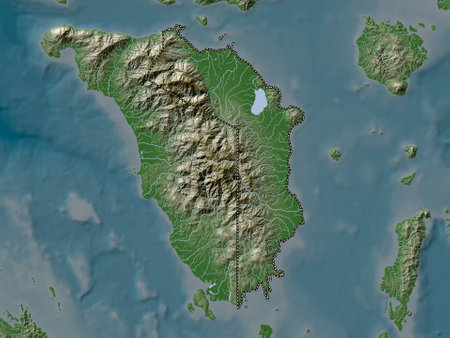 Oriental Mindoro, province of Philippines. Elevation map colored in wiki style with lakes and riversの写真素材