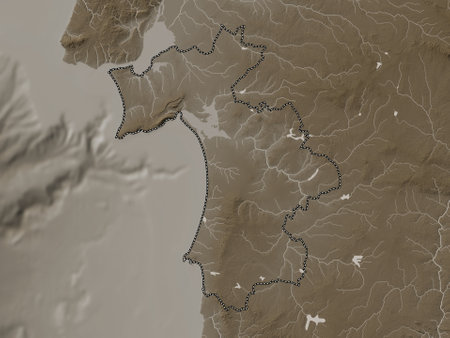 Setubal, district of Portugal. Elevation map colored in sepia tones with lakes and riversの写真素材