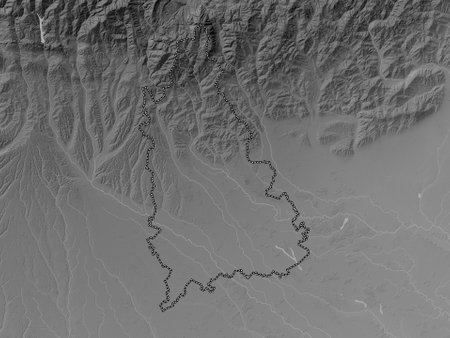 Dambovita, county of Romania. Grayscale elevation map with lakes and riversの写真素材