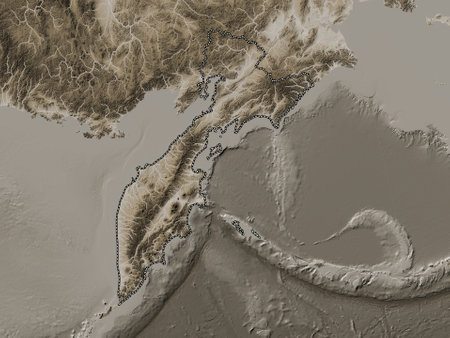 Kamchatka, territory of Russia. Elevation map colored in sepia tones with lakes and riversの写真素材