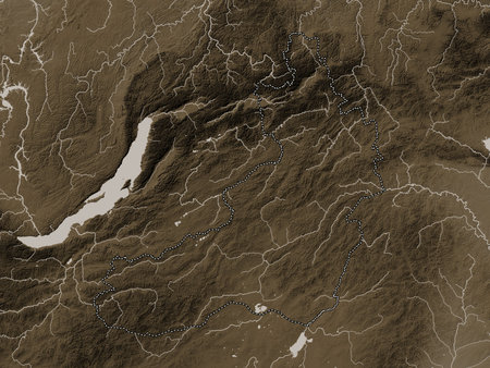 Zabaykal'ye, territory of Russia. Elevation map colored in sepia tones with lakes and rivers