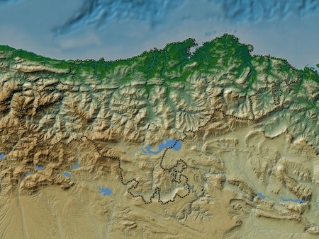 Cantabria, autonomous community of Spain. Colored elevation map with lakes and riversの写真素材