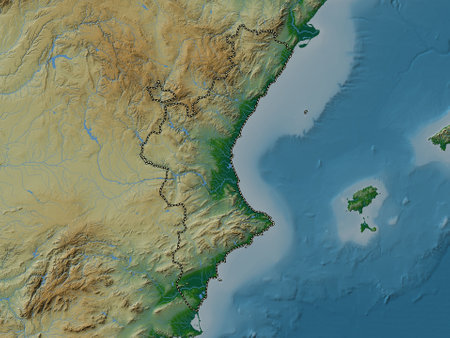 Comunidad Valenciana, autonomous community of Spain. Colored elevation map with lakes and riversの写真素材