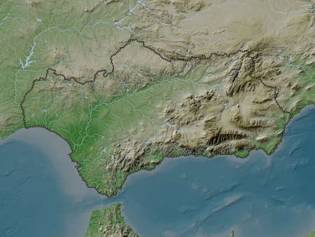 Andalucia, autonomous community of Spain. Elevation map colored in wiki style with lakes and riversの写真素材