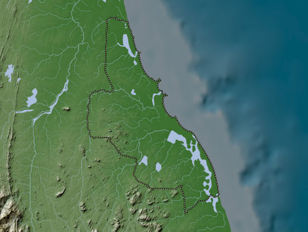 Batticaloa, district of Sri Lanka. Elevation map colored in wiki style with lakes and riversの写真素材