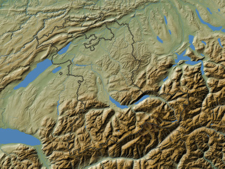 Bern, canton of Switzerland. Colored elevation map with lakes and riversの写真素材