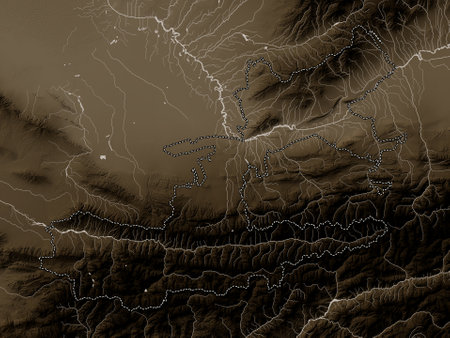 Sughd, region of Tajikistan. Elevation map colored in sepia tones with lakes and riversの写真素材
