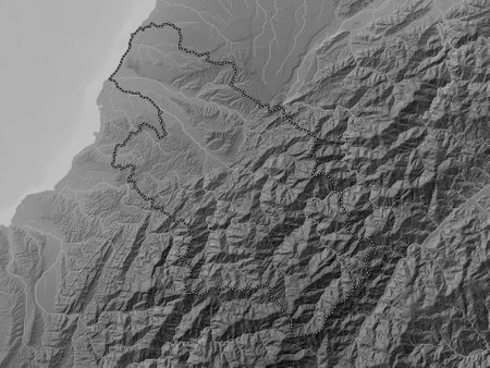 Hsinchu, county of Taiwan. Grayscale elevation map with lakes and riversの写真素材