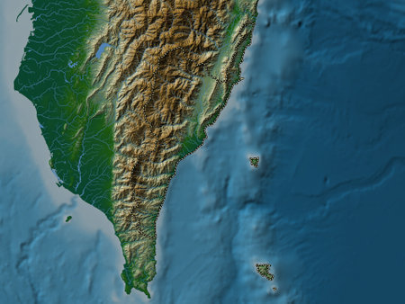 Taitung, county of Taiwan. Colored elevation map with lakes and riversの写真素材