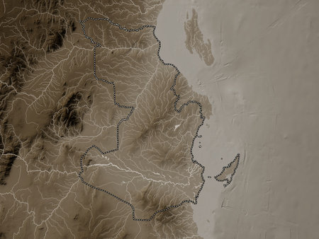 Pwani, region of Tanzania. Elevation map colored in sepia tones with lakes and rivers