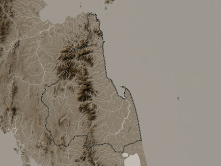 Nakhon Si Thammarat, province of Thailand. Elevation map colored in sepia tones with lakes and riversの写真素材