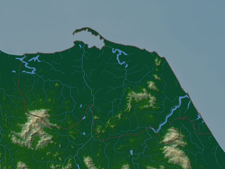 Pattani, province of Thailand. Colored elevation map with lakes and rivers