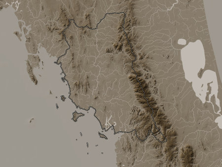 Trang, province of Thailand. Elevation map colored in sepia tones with lakes and riversの写真素材