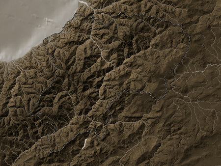 Artvin, province of Turkiye. Elevation map colored in sepia tones with lakes and riversの写真素材